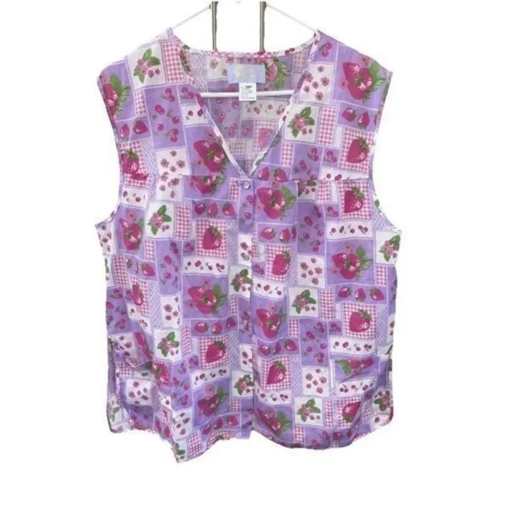Vintage Apron Shirt 60's 70's Strawberry Fabric Smock Top Snap Front Pocket 1X